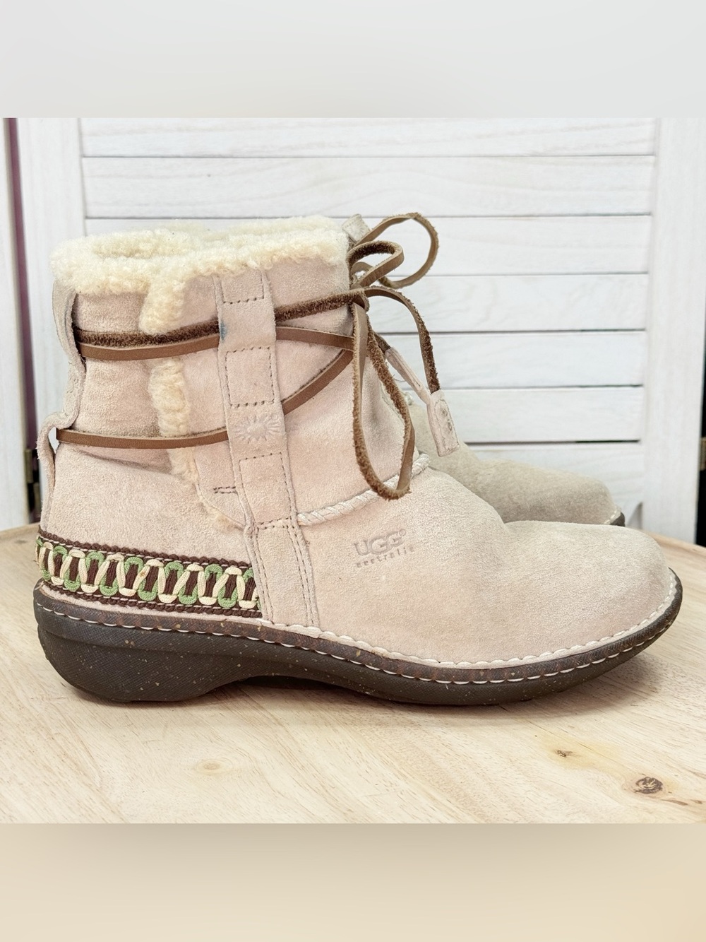 Ugg Cove Sherpa Lined Suede Tie Ankle Boots Tan Cream Women 7 Boho Native